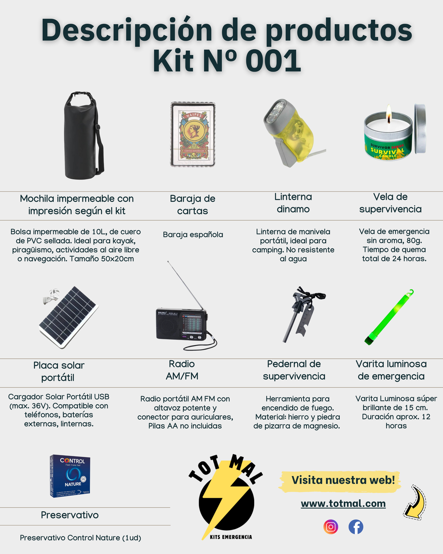 Kit de supervivencia Apagón, mochila y linterna, radio, vela emergencia, placa solar