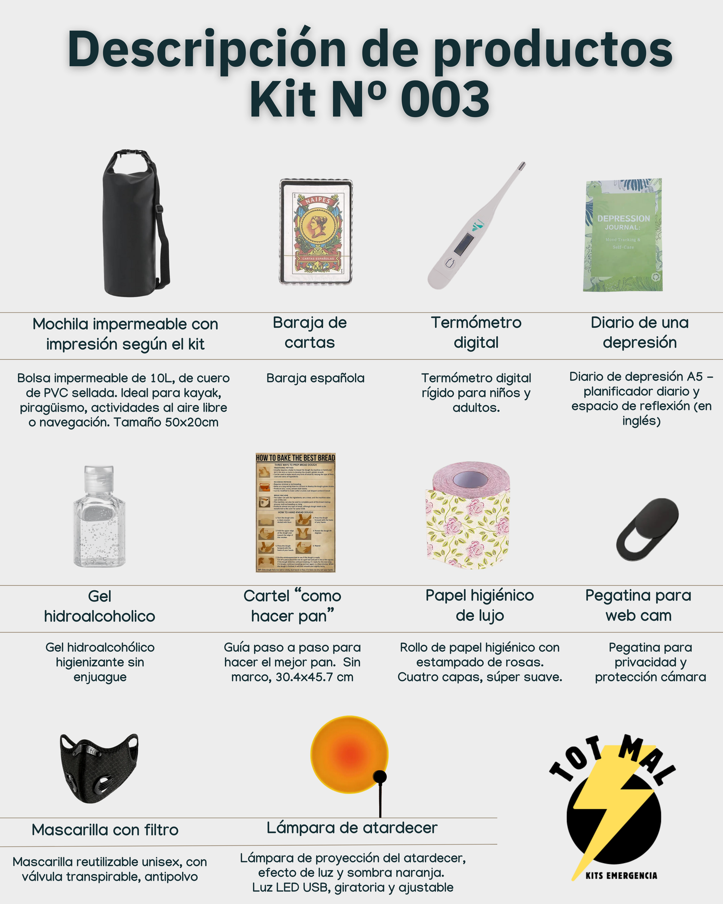 Kit de supervivencia cuarentena, pandemia: mochila, termómetro, mascarilla, gel hidroalcohólico, papel higiénico, diario, lámpara atardecer