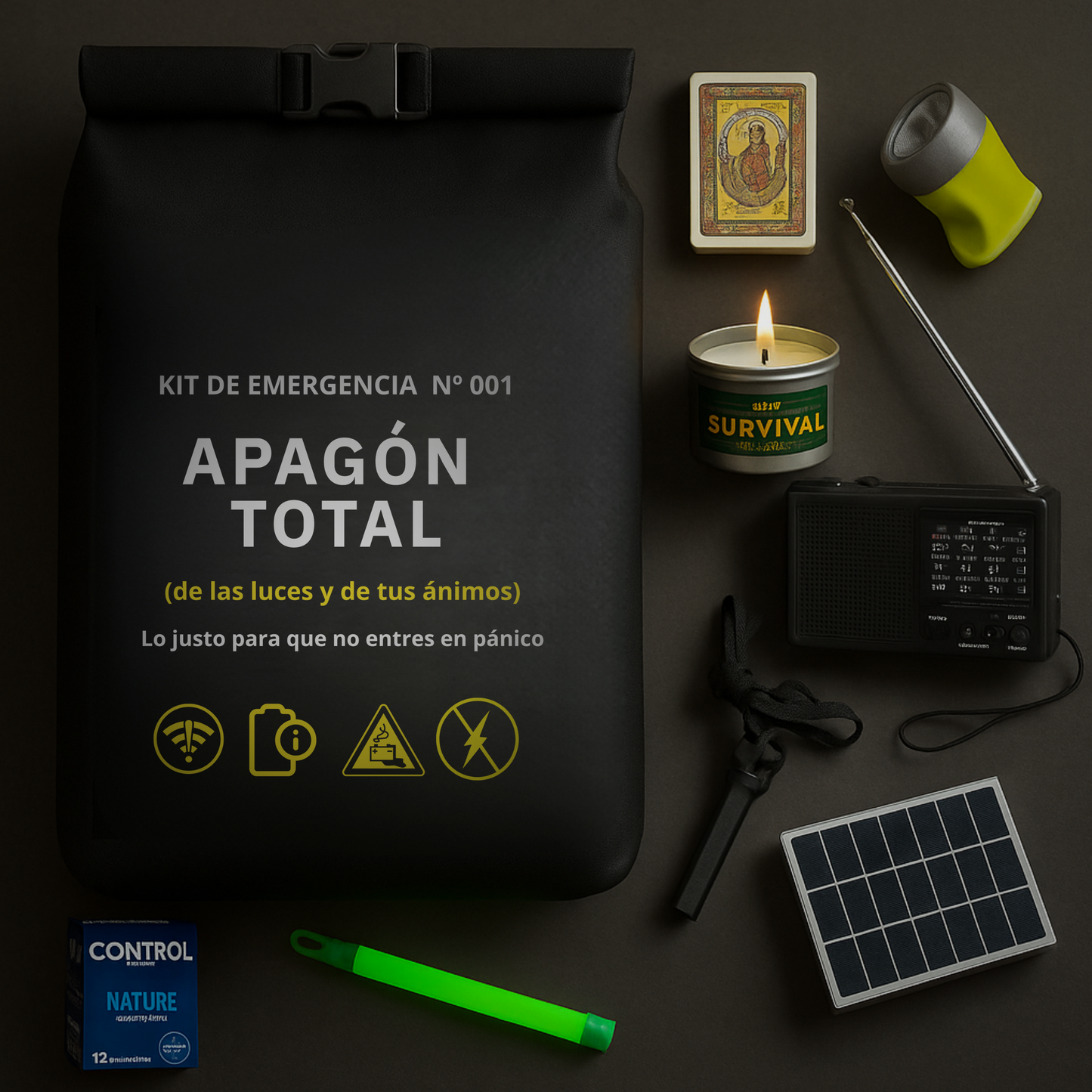 Kit de supervivencia Apagón, mochila y linterna, radio, vela emergencia, placa solar