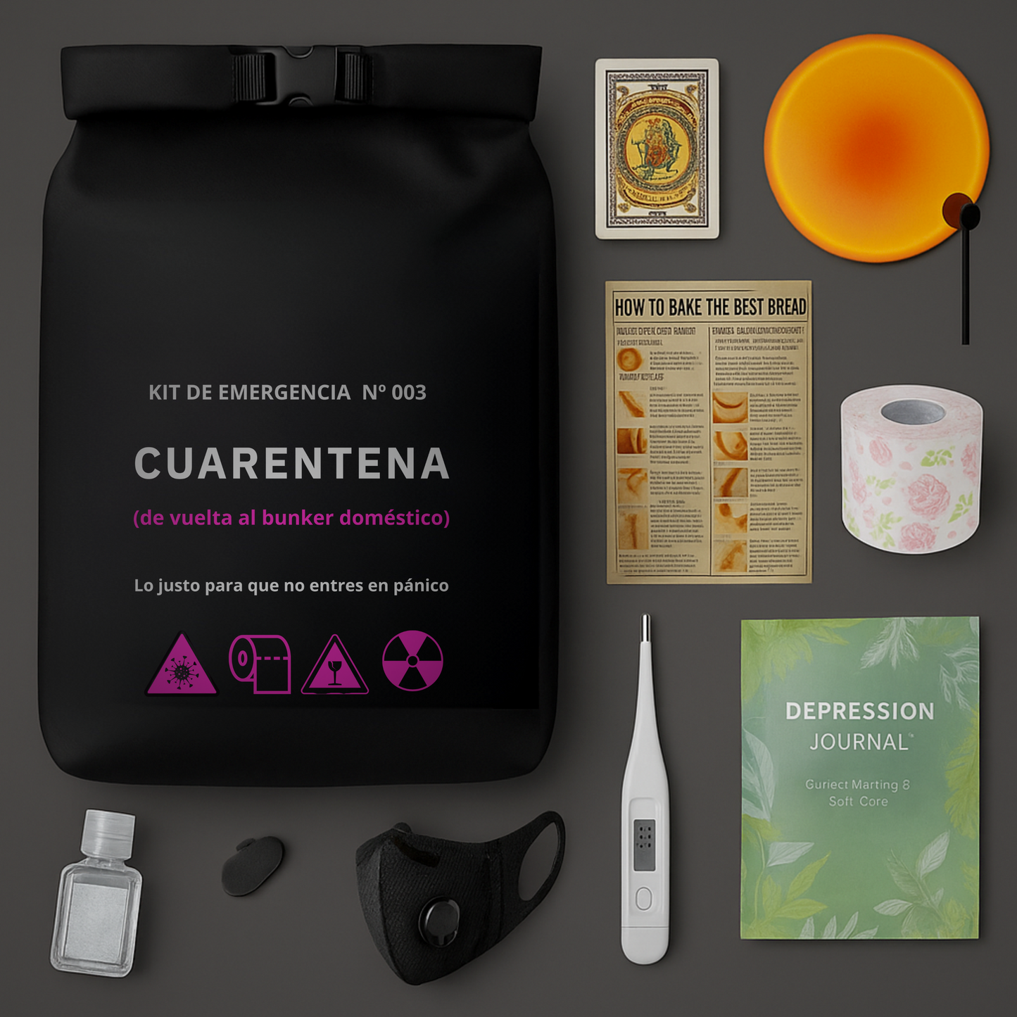 Kit de supervivencia cuarentena, pandemia: mochila, termómetro, mascarilla, gel hidroalcohólico, papel higiénico, diario, lámpara atardecer