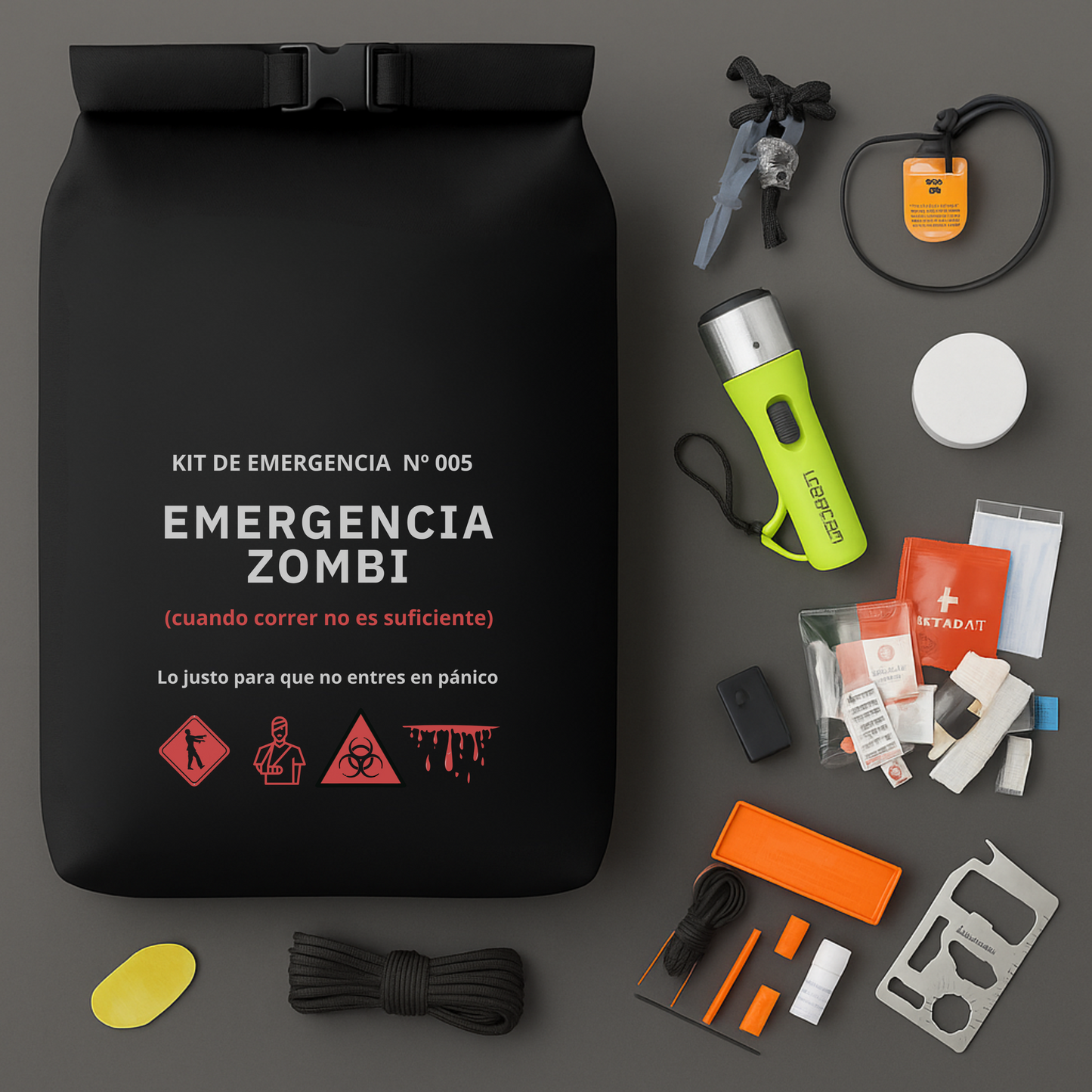 Kit de supervivencia zombie y caos total: mochila, linterna sumergible, tarjeta de herramientas, kit primeros auxilios, toalla, jabón, pedernal, cuerda