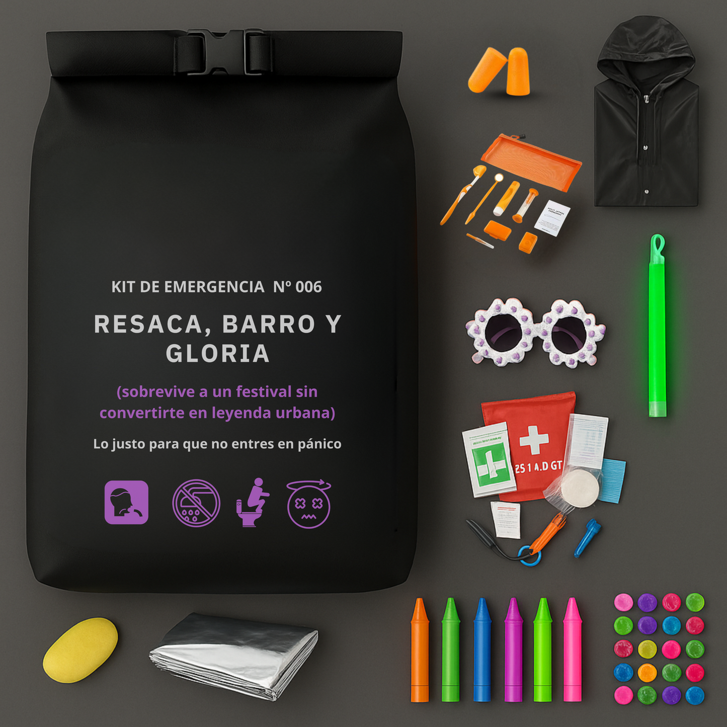 Kit de supervivencia festival de música y conciertos: mochila, varita fluorescente, pegatinas, kit higiene, kit primeros auxilios, toalla, jabón, maquillaje, gafas de sol