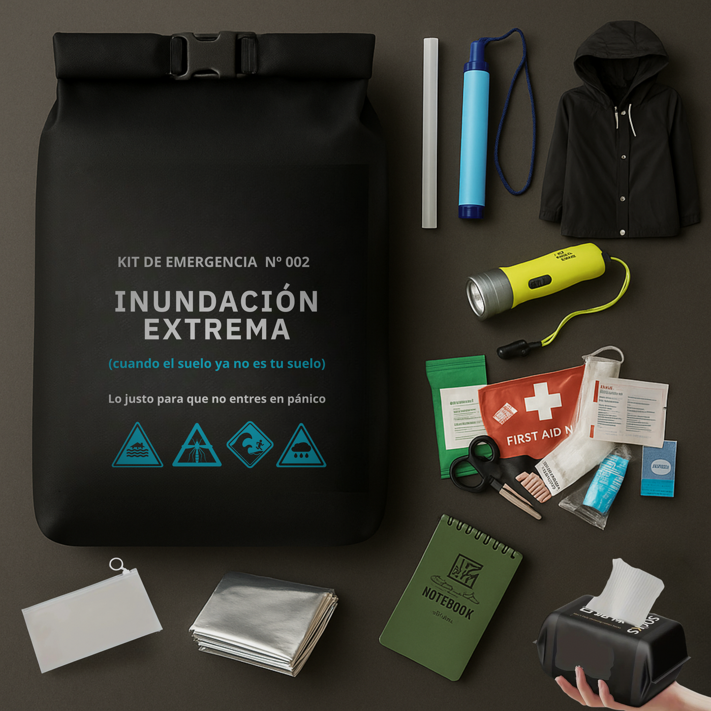 Kit de supervivencia inundación, mochila y linterna sumergible, kit primeros auxilios, calcetines, manta témica, bolsa estanca