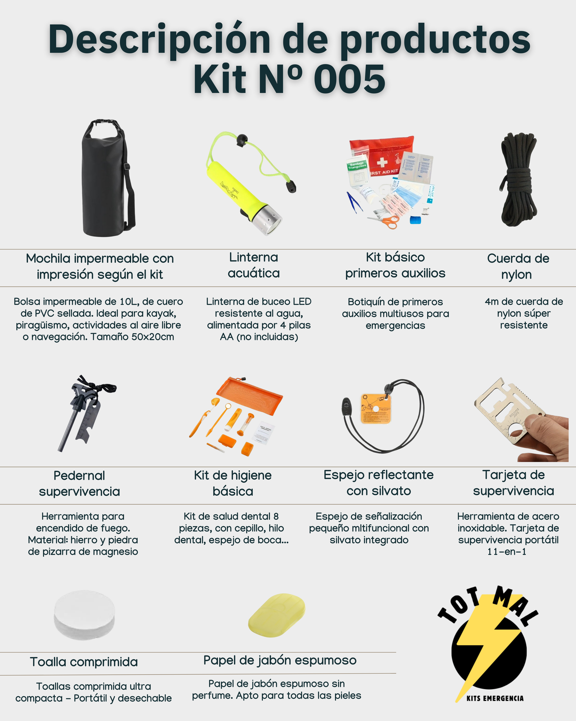 Kit de supervivencia zombie y caos total: mochila, linterna sumergible, tarjeta de herramientas, kit primeros auxilios, toalla, jabón, pedernal, cuerda